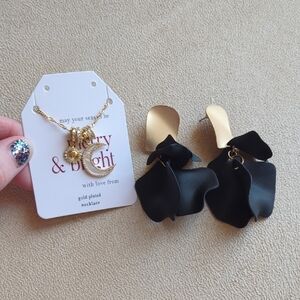 NWT Gold Plated Necklace And Black and Gold Earrings